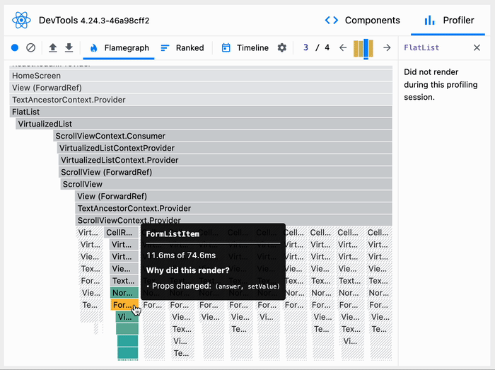 DevTools show only single item re-rendering