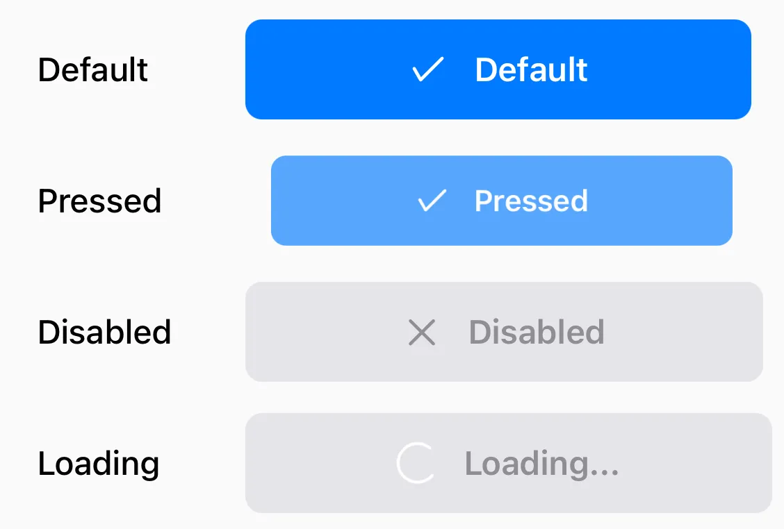 A collection of different button states and animations in a mobile app