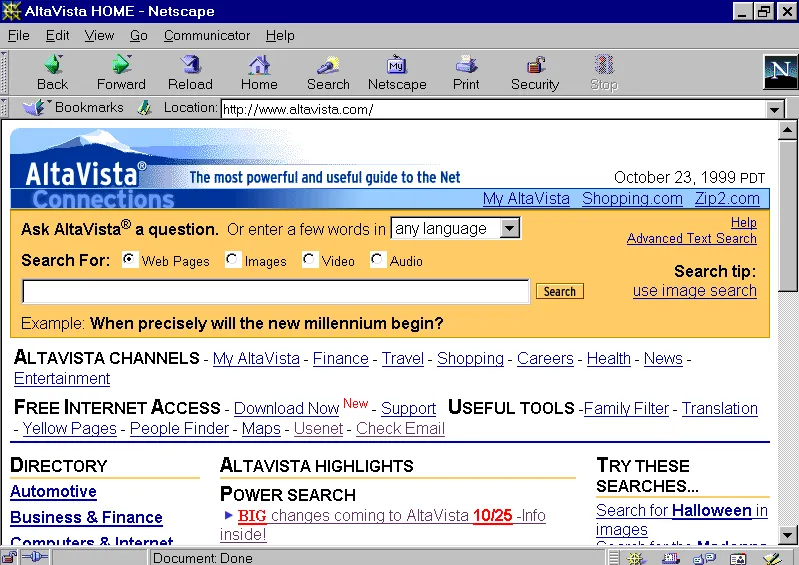 Netscape (a browser nobody remembers now) displaying Altavista.