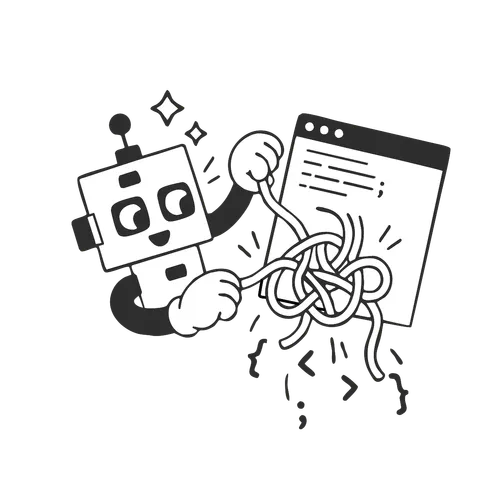 A robot untangling code from an app window
